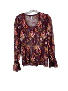Feather Bone Anthropologie Floral Mesh Blouse Burgundy Boho Bell Sleeve XS